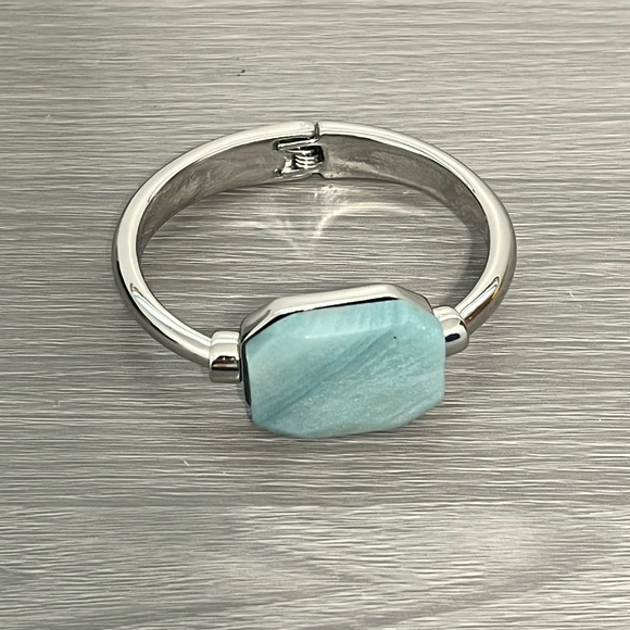 Silver Hinged Bangle Bracelet with Turquoise Stone, Boho - Picture 4 of 6